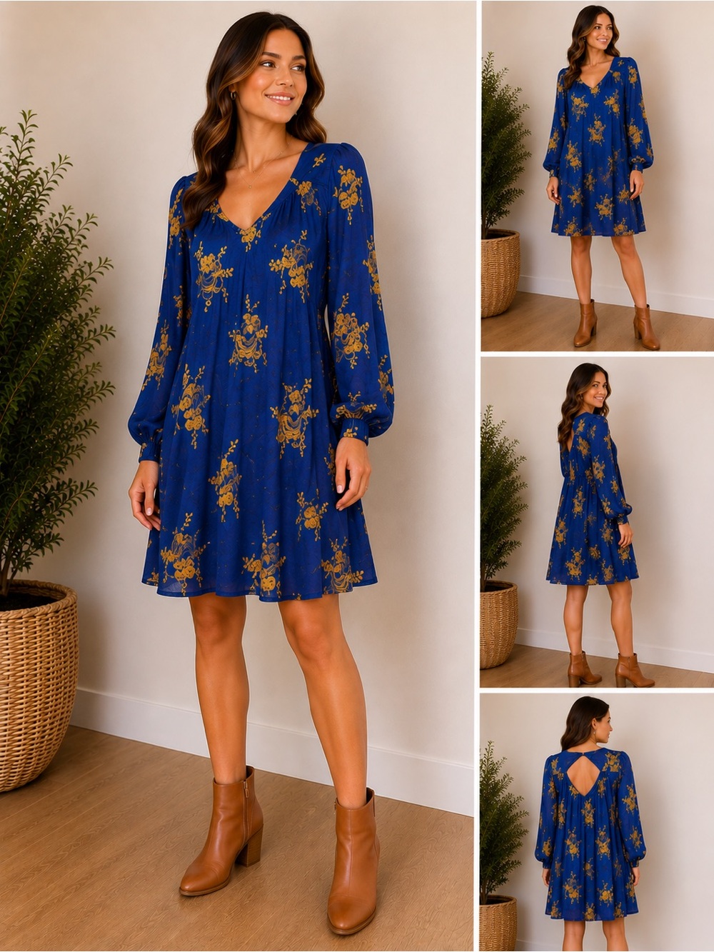 Free People XS Blue Embroidered Mini Dress Boho Long Sleeve Open Back Tunic